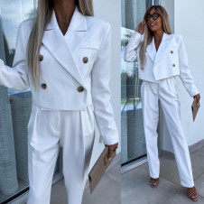 Дамски елегантен комплект сако и панталон K23252 бял