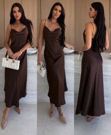 Дамска дълга сатенена рокля L9342 кафяв