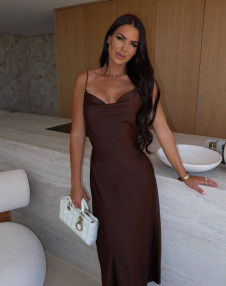 Дамска дълга сатенена рокля L9342 кафяв