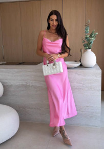 Дамска дълга сатенена рокля L9342 розов