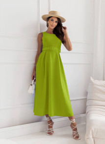Дамска рокля с дължина под коляното и колан 8860 светло зелен 