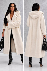 Дамско дълго палто с качулка teddy coat K0506 екрю