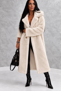 Дамско дълго палто с качулка teddy coat K0506 екрю