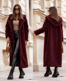 Дамско дълго палто с качулка teddy coat K0506 бордо 