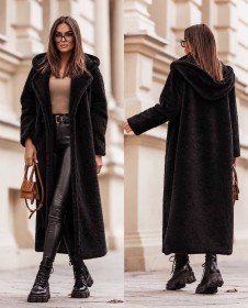 Дамско дълго палто с качулка teddy coat K0506 черен 