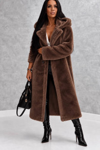 Дамско дълго палто с качулка teddy coat K0506 кафяв