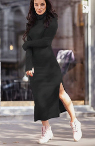 Дамска дълга рокля с поло яка J97010 черен 