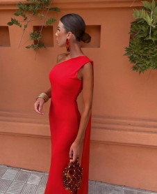 Дамска ефектна дълга рокля LT6188 червен 