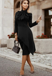 Дамска стилна рокля с панделка B8887 черен