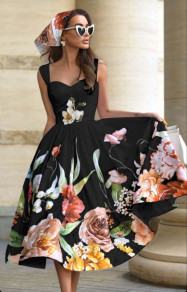 Дамска елегантна рокля под коляното с флорални мотиви 16702 черен 
