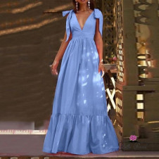 Дамска дълга рокля с панделки L9025 светло син 