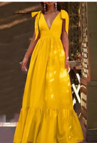Дамска дълга рокля с панделки L9025 жълт 