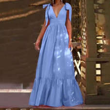 Дамска дълга рокля с панделки L9025 светло син 