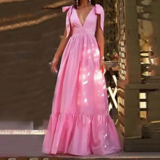 Дамска дълга рокля с панделки L9025 розов 