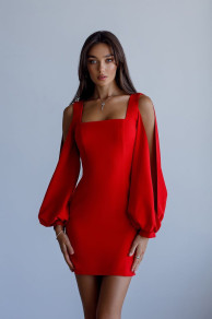 Дамска рокля с цепки на ръкавите L9029 червен 