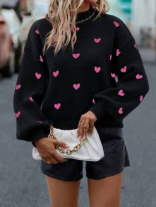 Дамски пуловер сърца K18152 черен/розов 