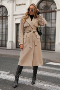 Дамско дълго палто с двуредно закопчаха K6598 бежов 