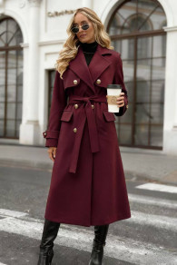 Дамско дълго палто с двуредно закопчаха K6598 бордо 