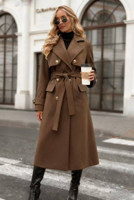 Дамско дълго палто с двуредно закопчаха K6598 кафяв