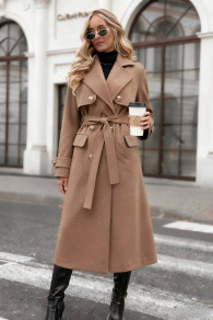Дамско дълго палто с двуредно закопчаха K6598 камел