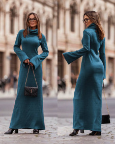 Дамска дълга рокля с поло яка K6000 петролено син