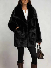 Дамско пухкаво палто с джобове K2549 черен 