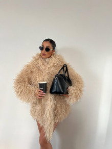 Дамско палто с колан Shaggy fur  L9685 бежов 