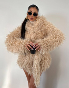 Дамско палто с колан Shaggy fur  L9685 бежов 