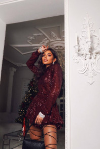 Дамска пайетена къса рокля L9447 бордо 