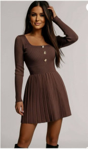 Рипсена мини рокля с копчета и плисирана пола S9730 кафяв