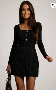 Рипсена мини рокля с копчета и плисирана пола S9730 черен 