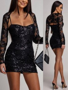 Дамски комплект рокля и ръкави с пайети S7662 черен 