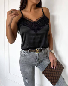 Дамски сатенен топ с дантела K8651черен