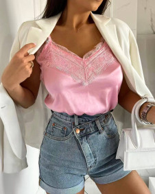 Дамски сатенен топ с дантела K8651розов