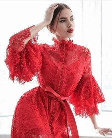Дамска дълга дантелена рокля NS697 червен