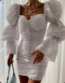 Дамска рокля с ефектни ръкави H1592 бял